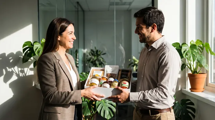 Ejecutiva de recursos humanos entregando una canasta corporativa a un colaborador en la oficina