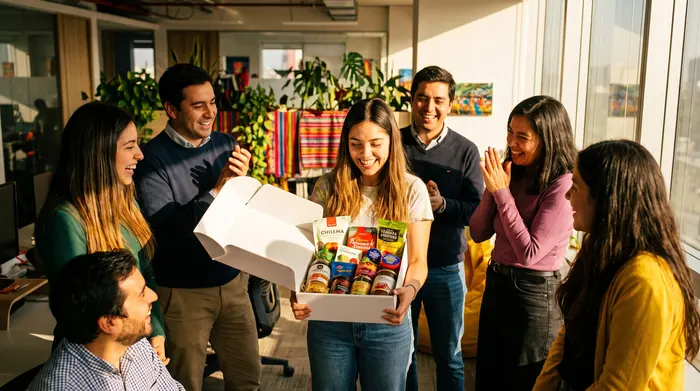 Equipo de oficina celebrando mientras una colaboradora abre una canasta corporativa de productos