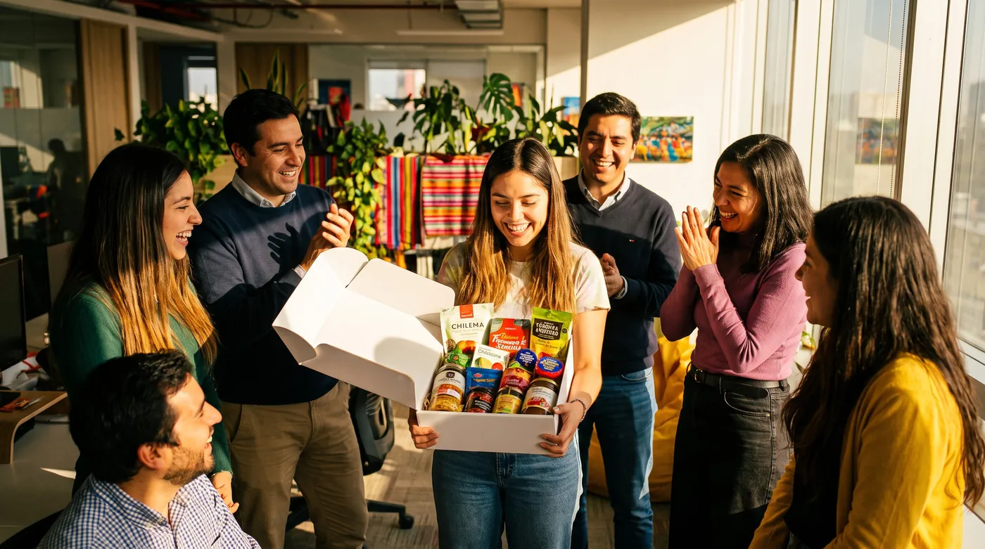 Equipo de oficina celebrando mientras una colaboradora abre una canasta corporativa de productos