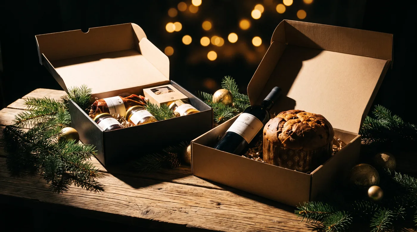 Canastas navideñas corporativas con vino y pan de pascua sobre mesa de madera con luces navideñas